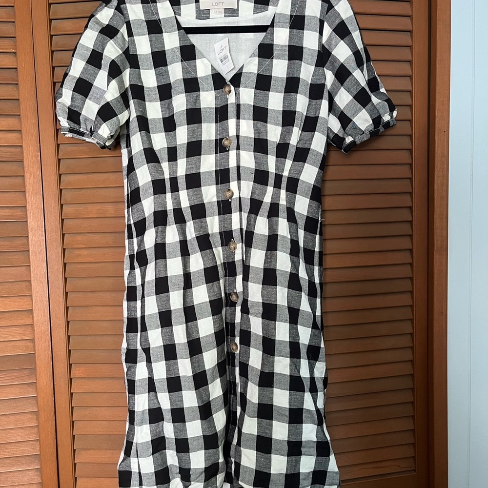 NWT LOFT Black and White Gingham Puff Sleeve Button Down Mini Sundress